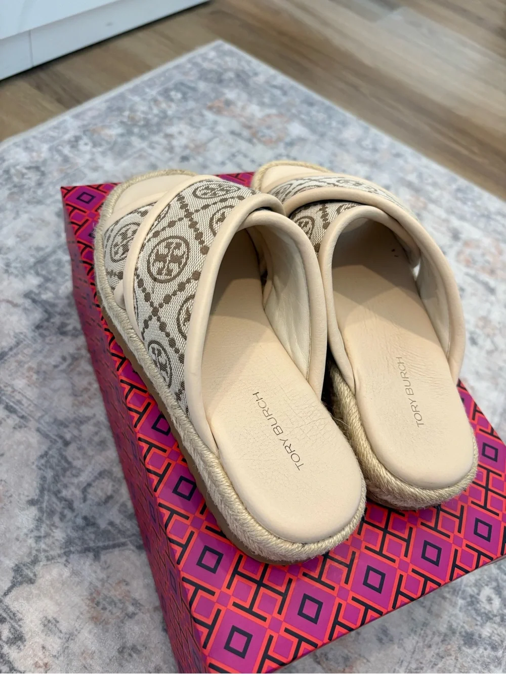 Tory Burch Beige Canvas Logo Espadrille Slides